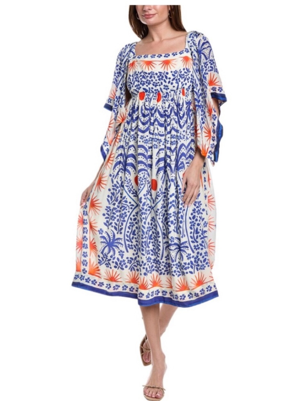 Farm Rio "Breeze" Blue & White Floral Maxi Dress with Orange Accents Size Medium - Picture 3 of 13